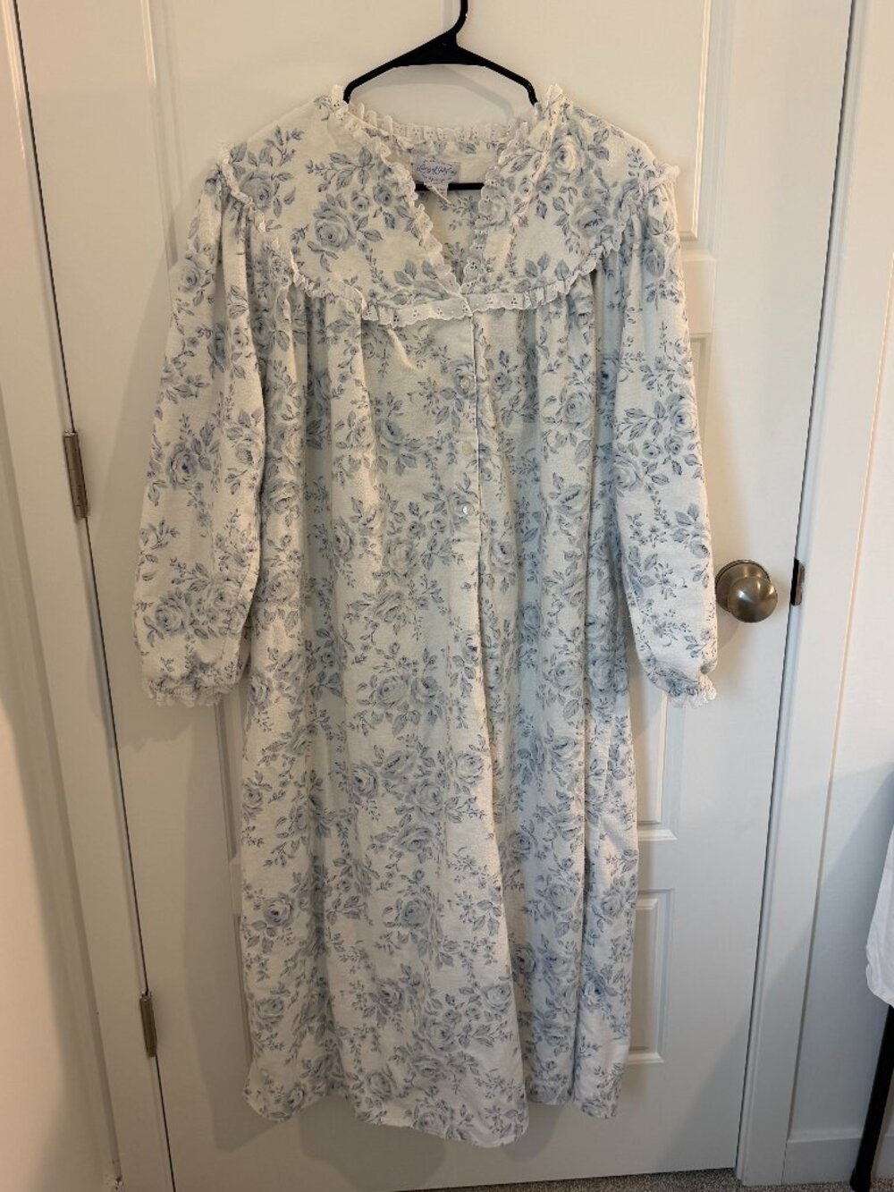 Vintage Lanz of Salzburg Floral Flannel Nightgown Women Blue Cotton Cottagecore